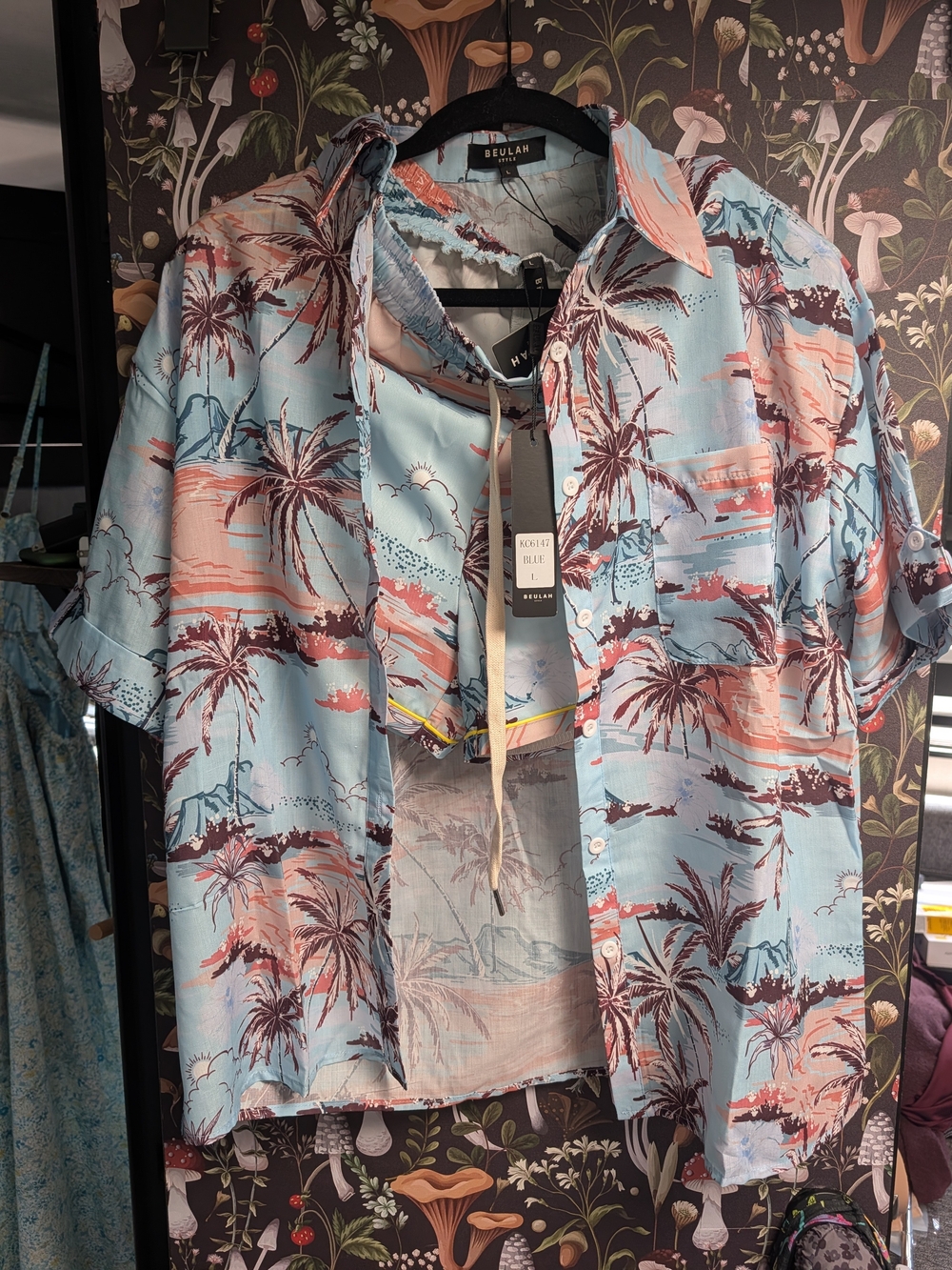 Beulah Light Blue Tropical Print Button Up Top And Matching Shorts
